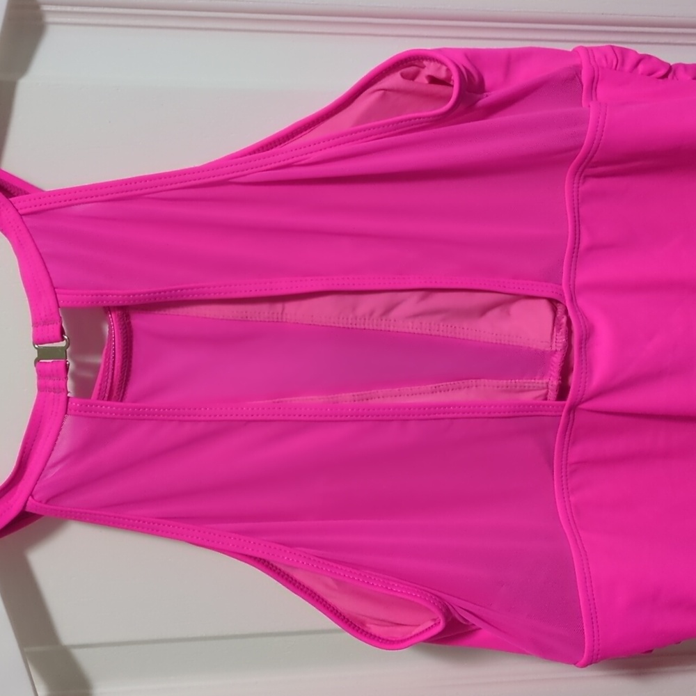 Pink High Neck Mesh Ruched One Piece Swimsuit Size 16W - Picture 6 of 8
